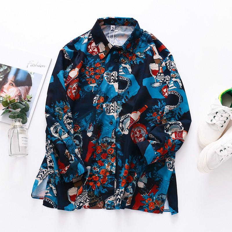 Áo Sơ Mi Tay Dài Dáng Rộng Họa Tiết In Phong Cách Vintage