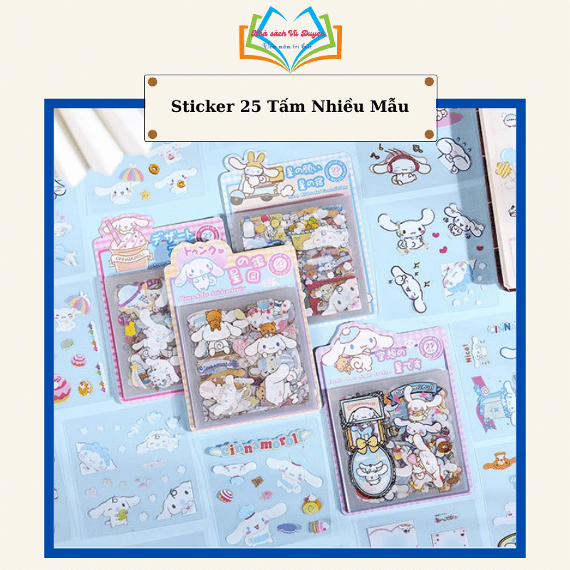 Túi 25 Tờ Sticker Sanrio, Gấu Dâu, Cinnamoroll, Thỏ Tai Hồng