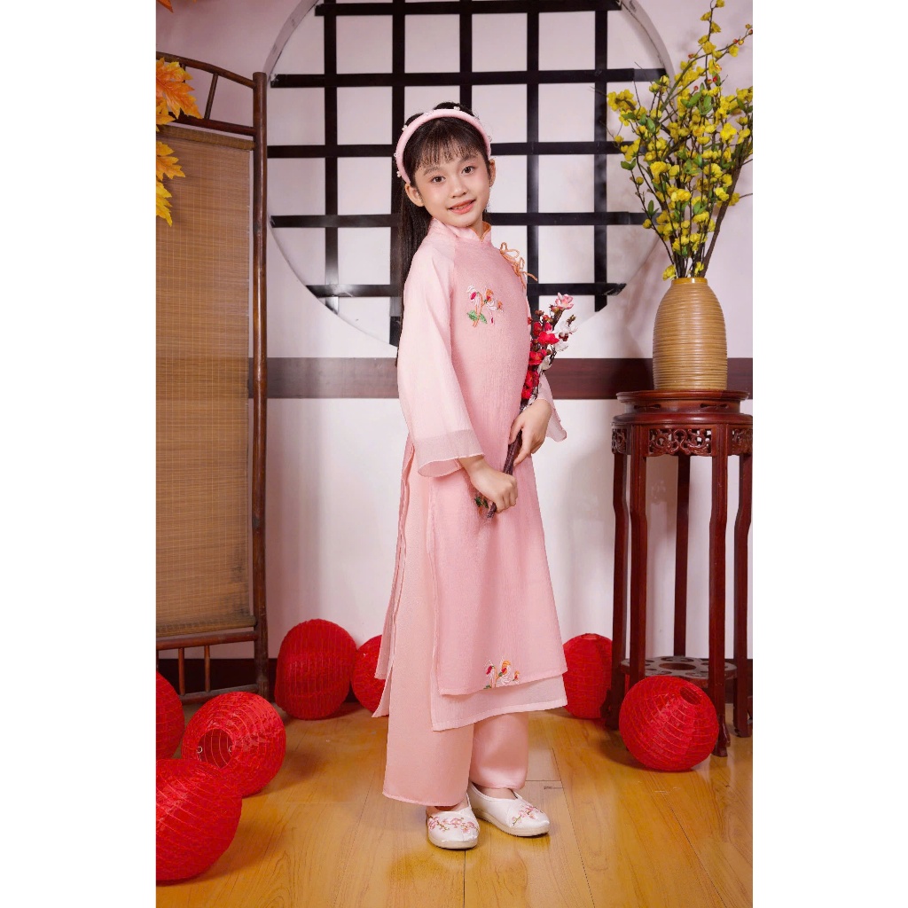 Áo dài tết cho bé gái mẫu Hoa mùa xuân xinh xắn từ 12-40kg hàng thiết kế cao cấp (kèm cài)