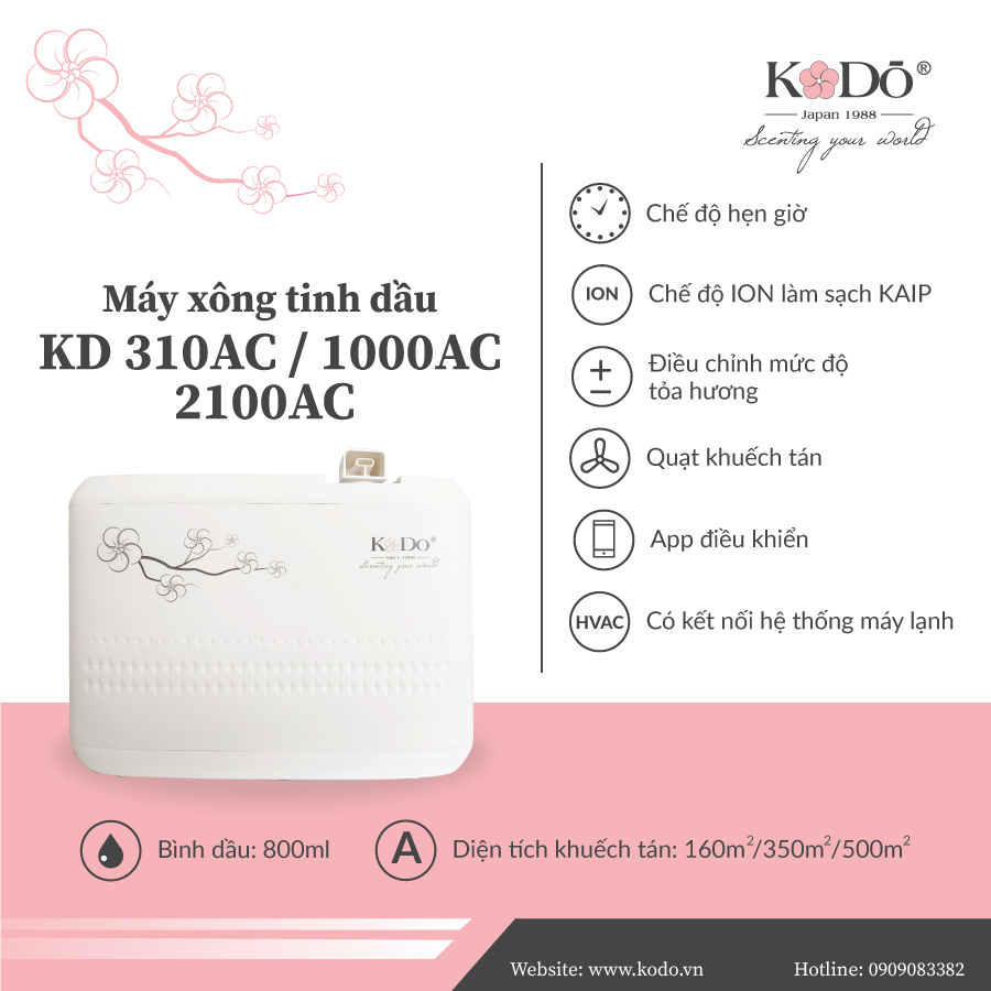 KODO 310AC/1000AC/2100AC - Máy Khuếch Tán Tinh Dầu 160/350/500M2 (Bình Dầu 850Ml), Không Pha Nước