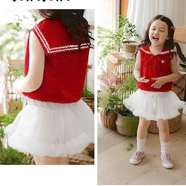 Set Váy Cờ Đỏ Sao Vàng – Áo Thủy Thủ Kate Cotton + Váy Lưới Từ 12-36kg Dành Cho Bé Gái