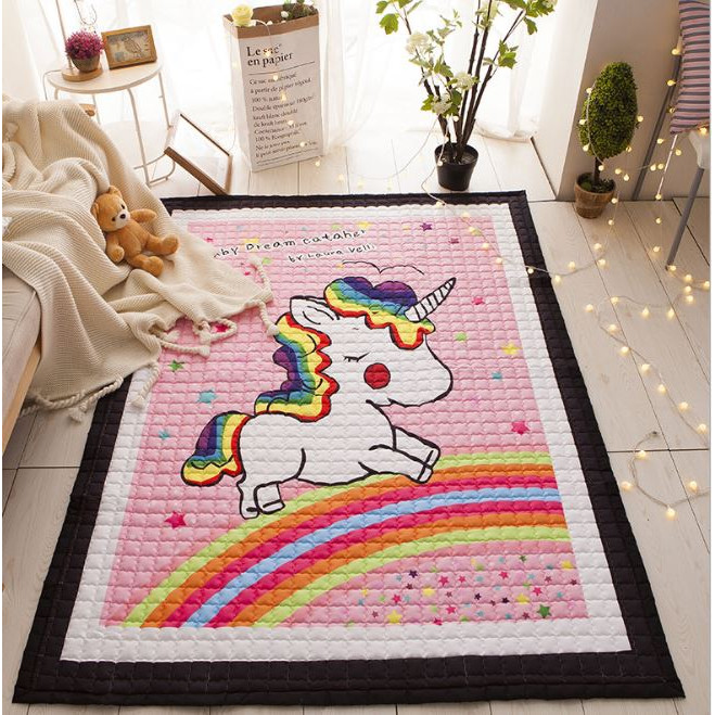 Thảm nằm chơi chần bông cao cấp cho bé - họa tiết chú ngựa Unicorn Hồng