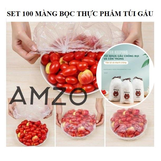 COMBO 100 màng bọc thực phẩm PE túi gấu có chun bọc đồ ăn co giãn tái sử dụng AMZO