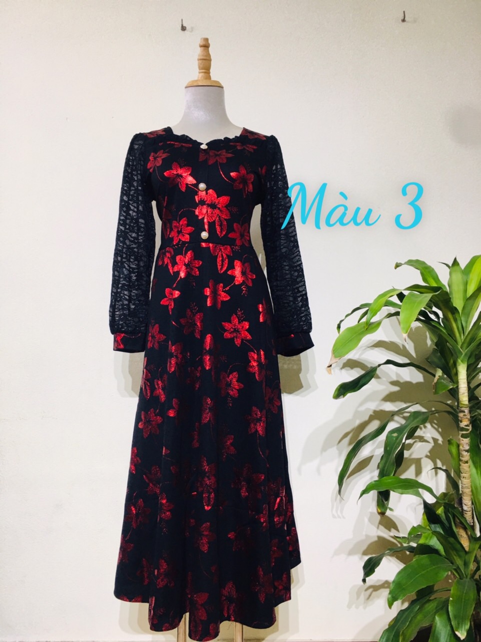 Đầm váy trung niên, đầm dự tiệc dáng xòe phối tay lưới mã 285