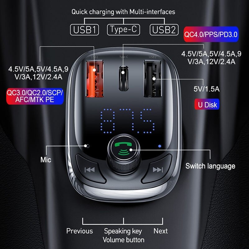 Tẩu sạc ô tô Baseus S13 sạc nhanh QC 4.0 , PD 36W Max cho điện thoại , Bluetooth 5.0 tích hợp FM, thẻ nhớ TF SD, USB x2 - Hàng Chính Hãng