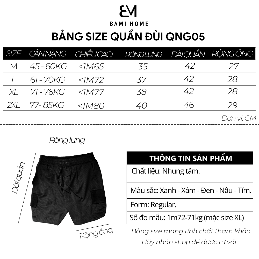 Quần short đùi nhung tăm Nam Nữ BAMI HOME cao cấp form regular năng động thoải mái QNG- 05