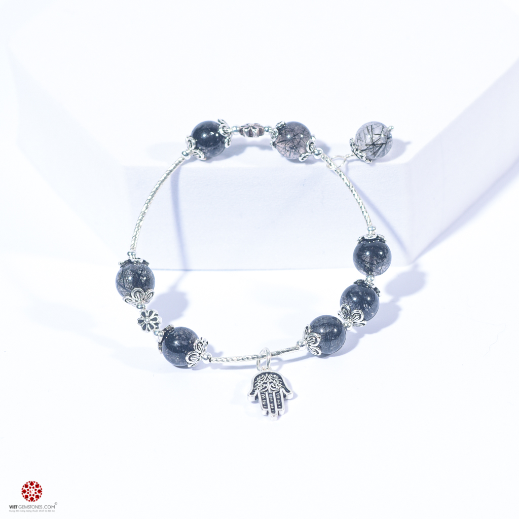 Lắc tay Thạch Anh Tóc Đen tự nhiên 100% phối charm bạc Bàn tay Hamsa đem lại may mắn, tài lộc - Hợp mệnh Mộc, Thủy - Nhiều kích thước lựa chọn | VietGemstones