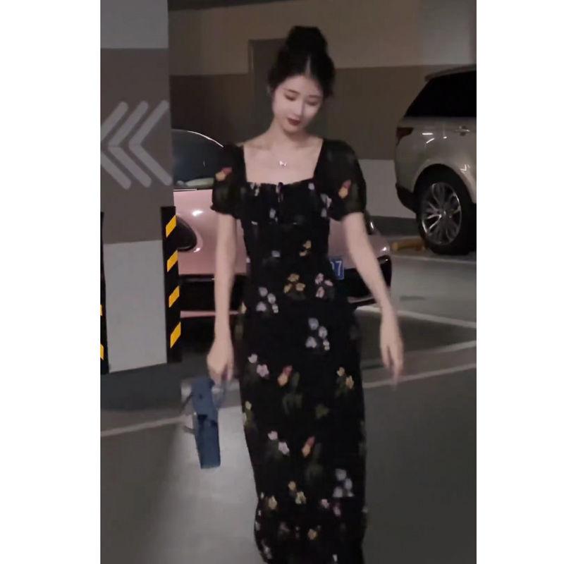 DONGSHOP Pháp Vintage vuông cổ in tay áo ngắn đuôi cá đầm nữ tính siêu tiên váy dài màu đen hoa chiffon đầm