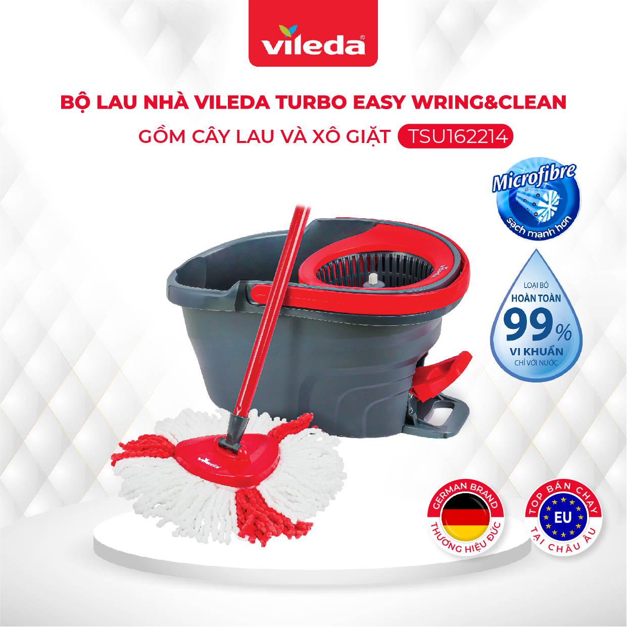 Cây lau nhà VILEDA Turbo Easy Wring&amp;Clean đầu lau tam giác, gồm xô giặt và cây lau nhà - TSU162214