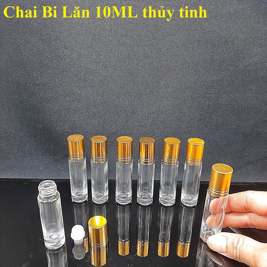 Chai Bi Lăn 10ML thủy tinh (combo 8 cái) mẫu trụ tròn nắp nhựa vàng – Chai Chiết Nước Hoa