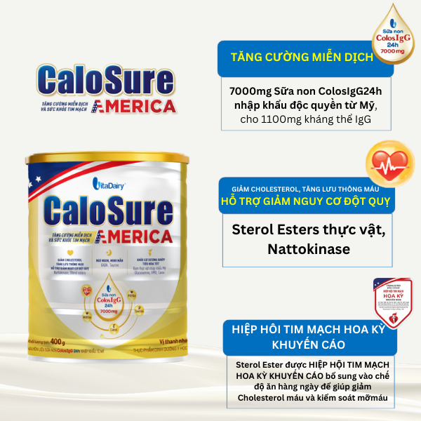 Sữa bột Calosure America 400g hỗ trợ tim mạch, phòng chống đột quỵ, bảo vệ cơ xương khớp vị thanh nhẹ  - VitaDairy