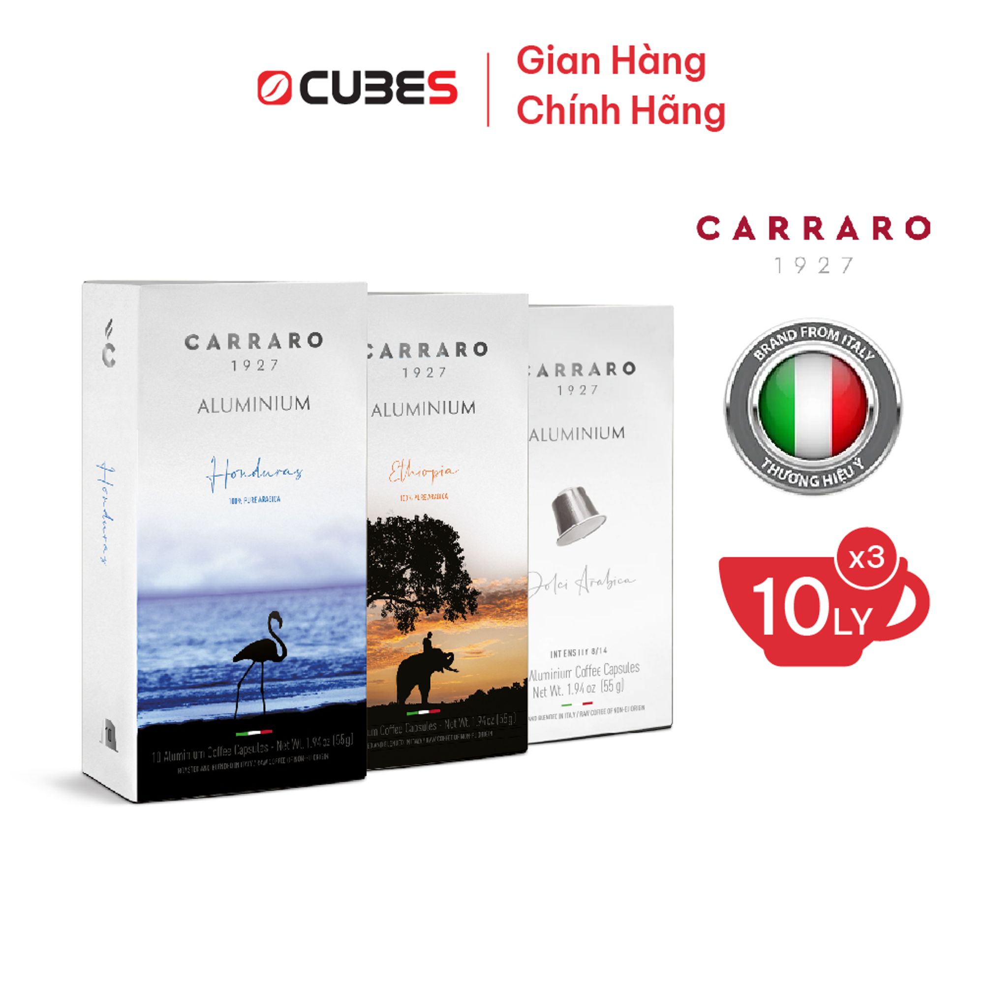 Combo 3 hộp Cà Phê Viên Nén Carraro Aluminum (Mới) - Tương thích với máy capsule Nespresso