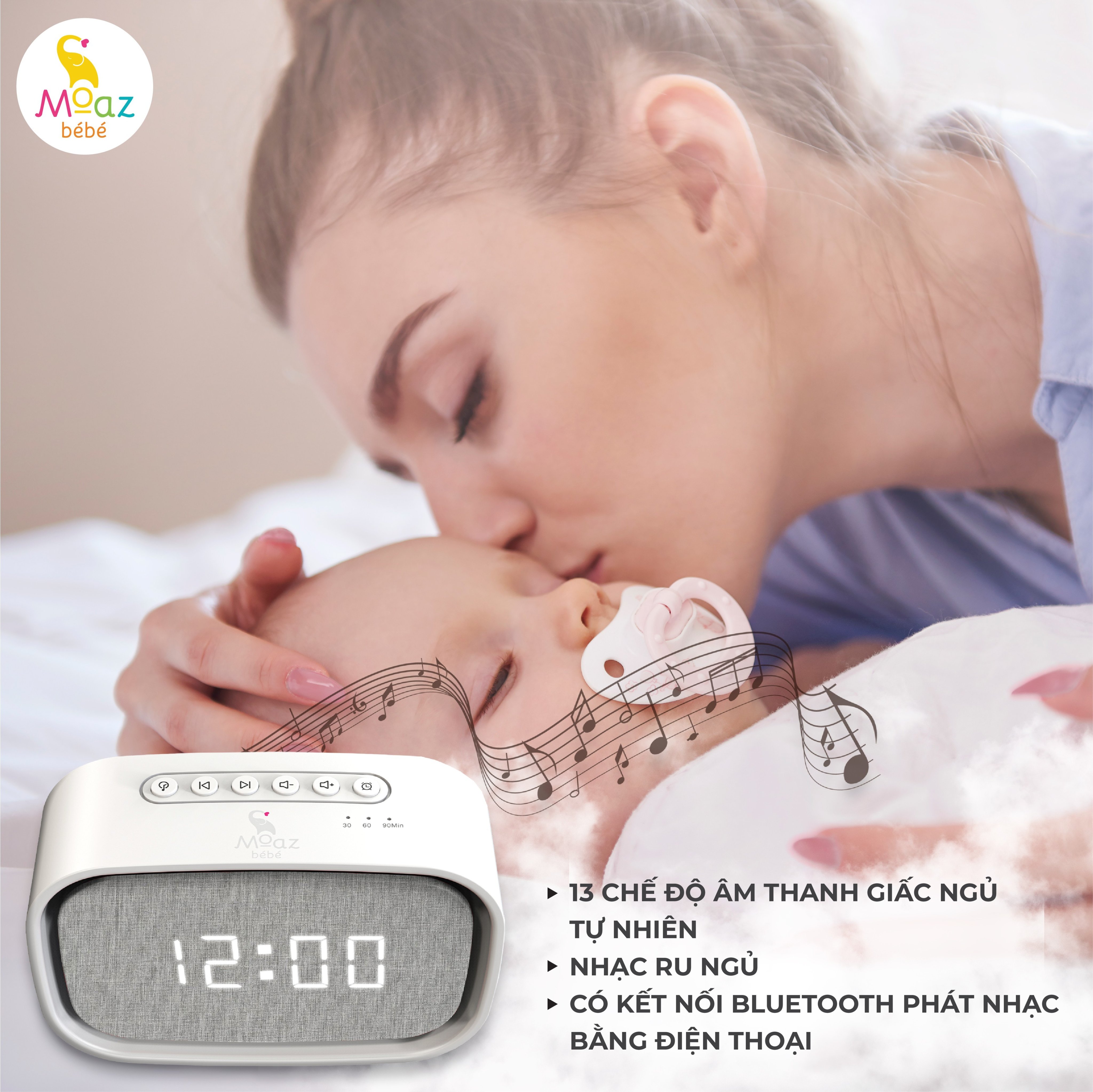 Máy tạo tiếng ồn trắng Moaz BéBé MB-057 kết nối bluetooth, có 13 chế độ âm thanh giúp bé ngủ ngon