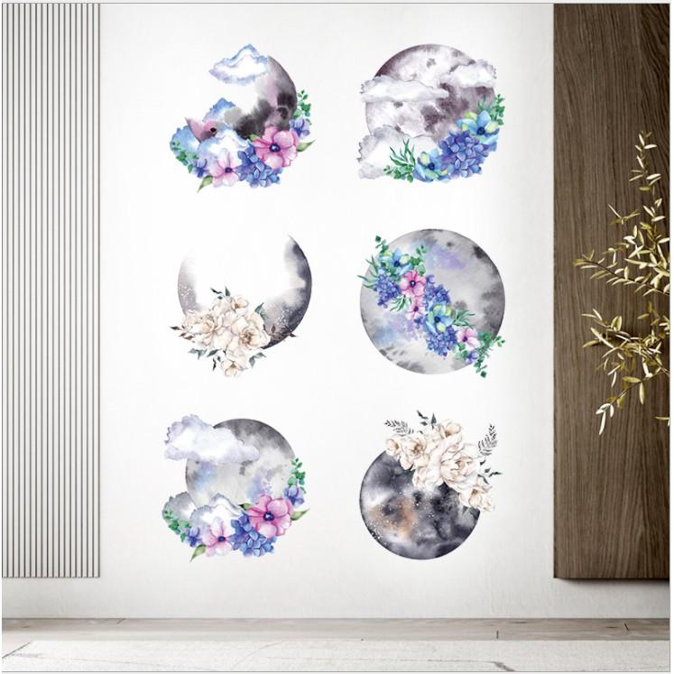 Decal dán tường trang trí - TRANH HOA TÍM TRĂNG HUYỀN ẢO