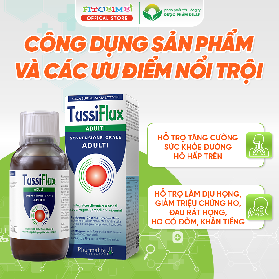 Siro Ho FITOBIMBI TUSSIFLUX ADULT Hỗ Trợ Làm Dịu Họng, Giảm Khàn Tiếng, Hết Đờm, Bảo Vệ Đường Hô Hấp Chai 200ml