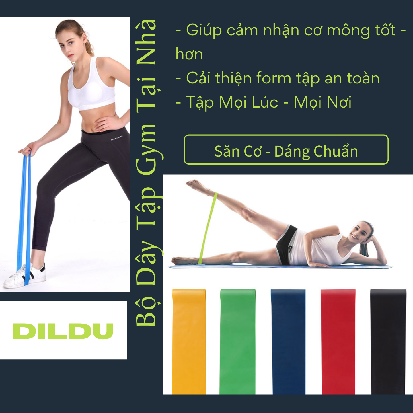 Bộ 5 dây đàn hồi tập gym, dây đàn hồi mini band tập thể dục tại nhà - tập yoga dây đàn hồi kháng lực cao cấp, dây đàn hồi tập thể dục Dildu - Có sách hướng dẫn + túi đụng sản phẩm