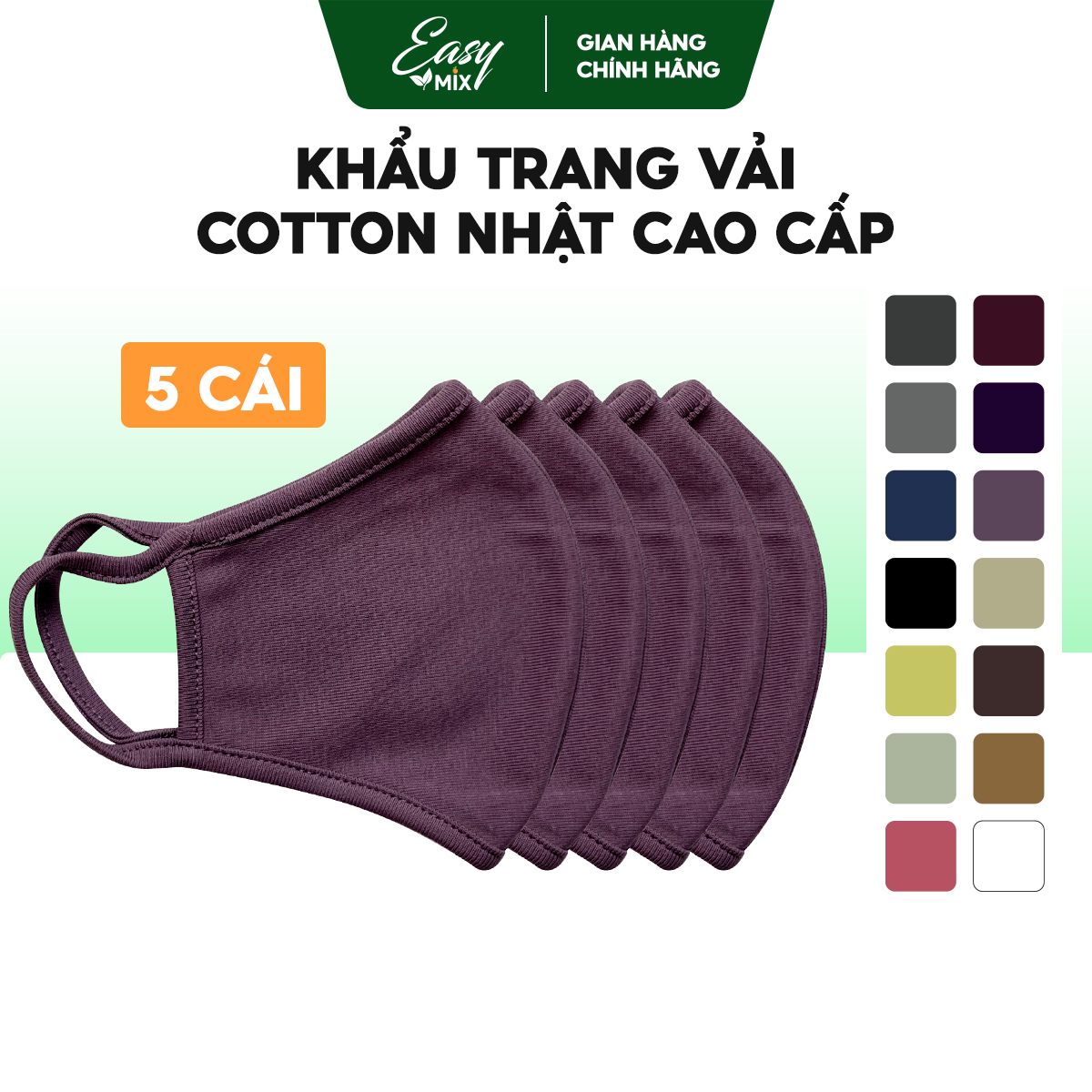 Khẩu Trang Vải Cotton Cao Cấp 2 lớp - Combo 5pcs - Màu Pastel Tinh Tế - TÍM RUỐT