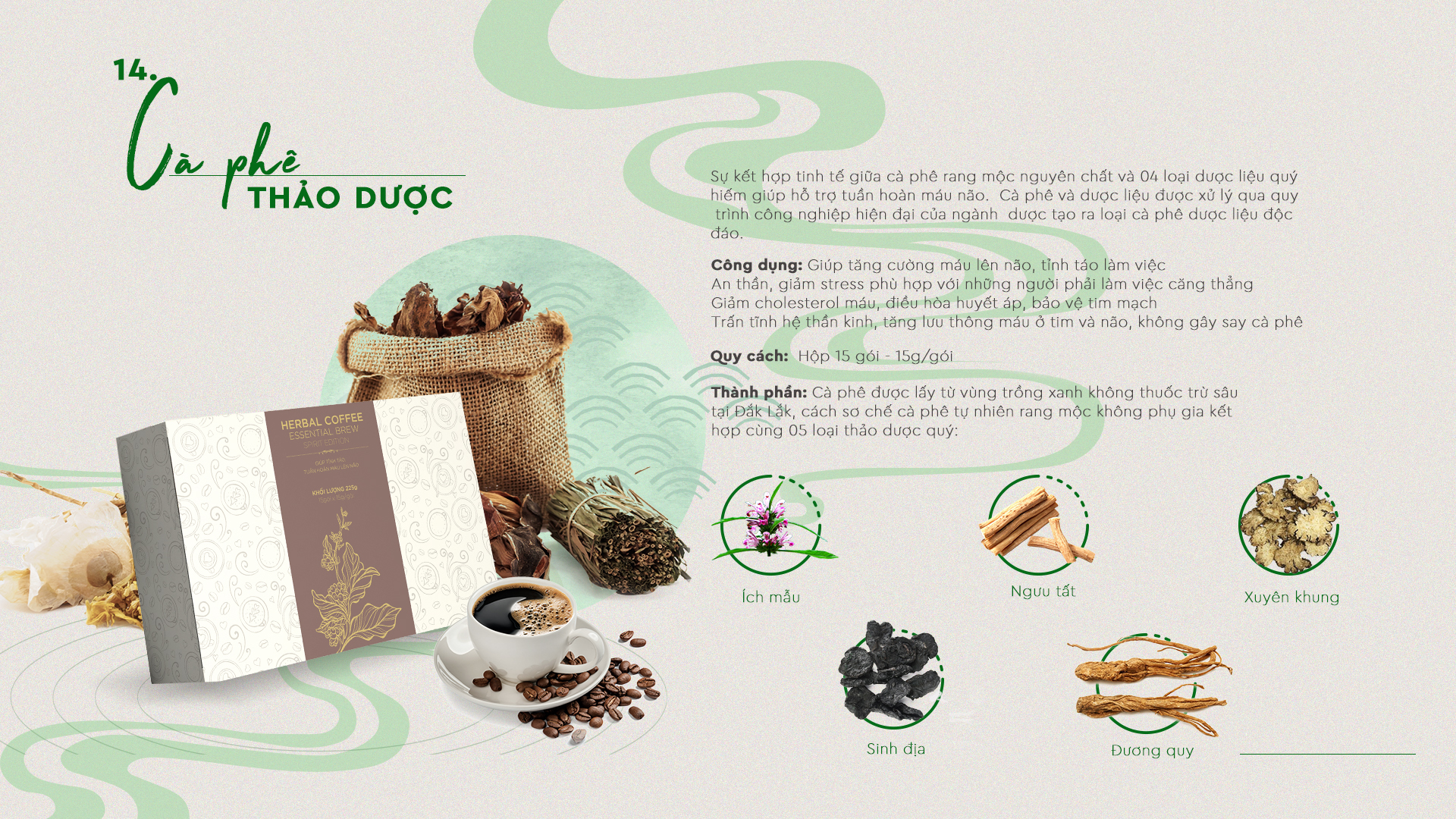 Cà phê nguyên chất rang mộc Herbal Coffee Herbio - kết hợp 5 loại thảo dược giúp tỉnh táo, tuần hoàn máu não - Hộp 15 phin túi lọc x 15gr