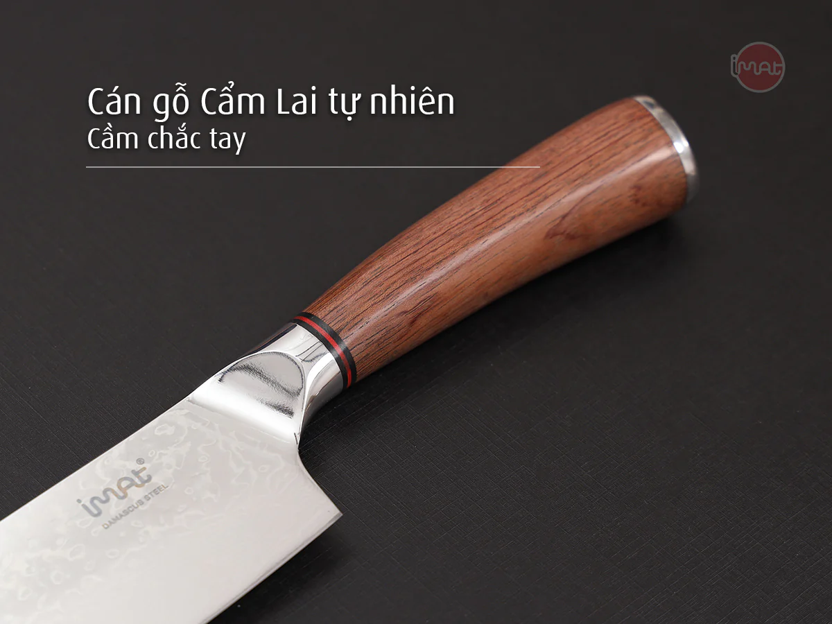 Dao nhà bếp Damascus iMat, lưỡi bằng thép không gỉ 9Cr18, cán gỗ cẩm lai tự nhiên - Bộ 2 chặt &amp; gọt Damascus
