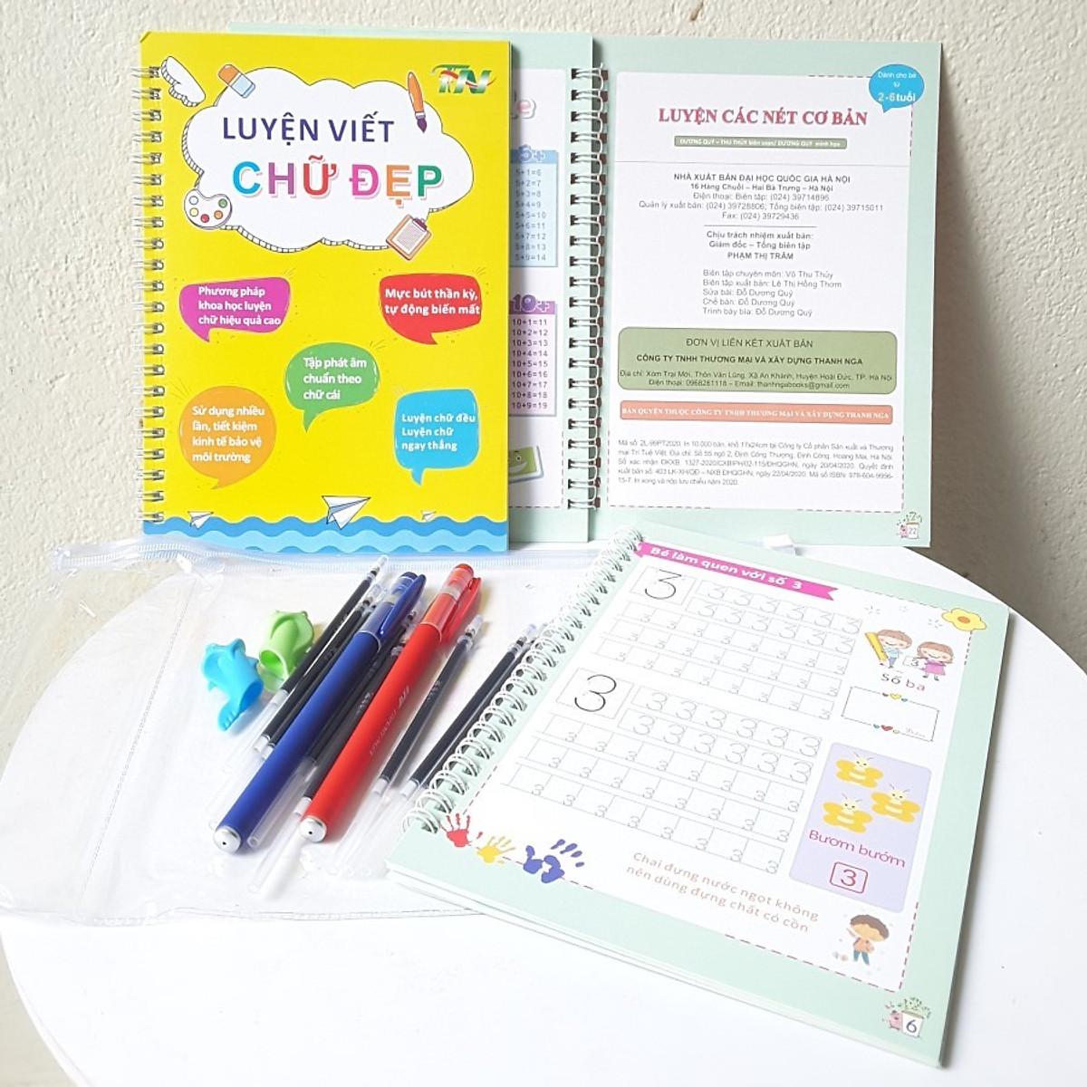 Combo 3 Bộ Tập Tô Dập Rãnh Mực Tự Bay, Tập Tô Chữ Cái - Số - Nét Cơ Bản Tự Xóa Thần Thánh Cho Bé Học Tốt Tiếng Việt Tặng Kèm Bút Mực Bay Màu
