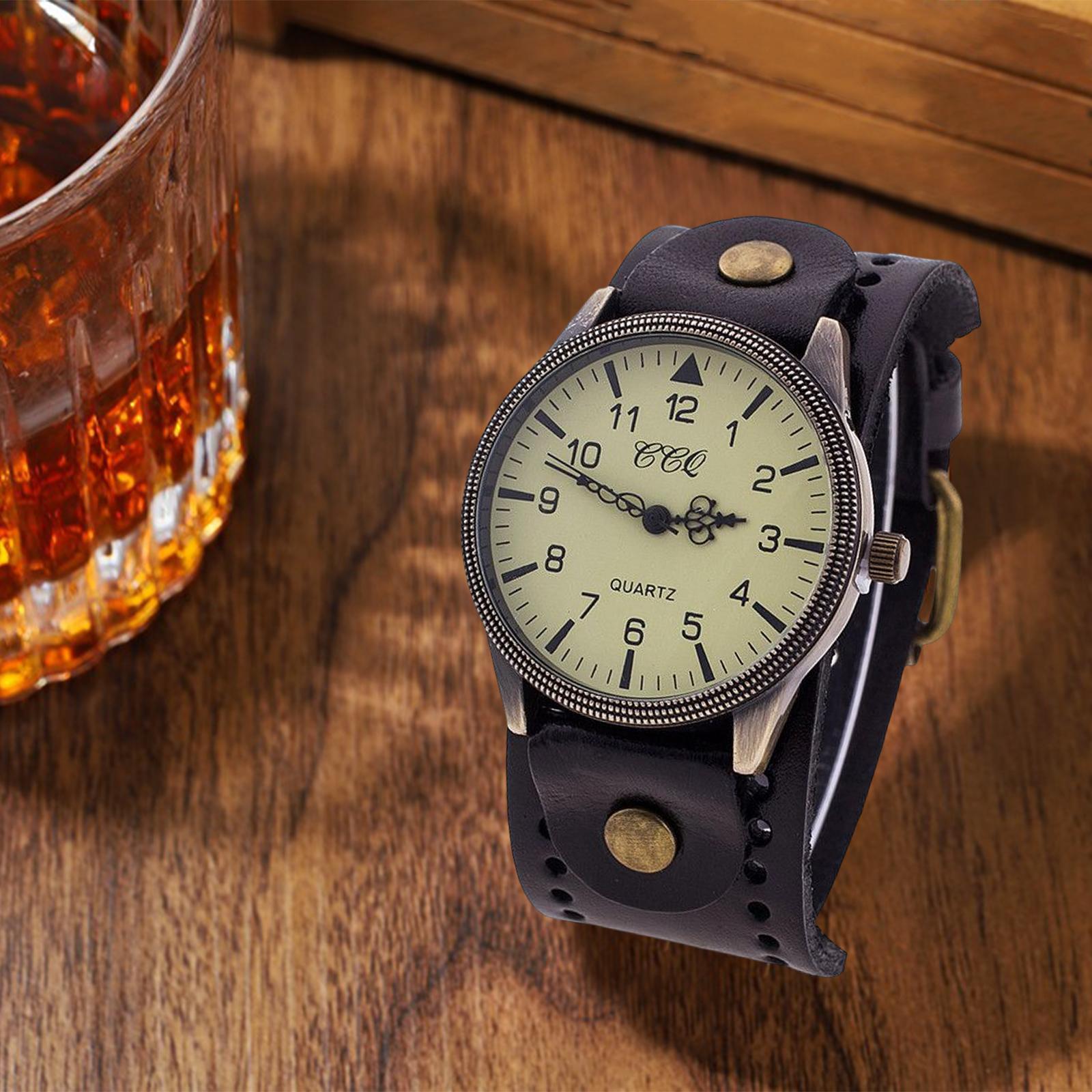 Vintage Bracelet Watch PU Leather Wide Leather Strap for Men Comfortable Black