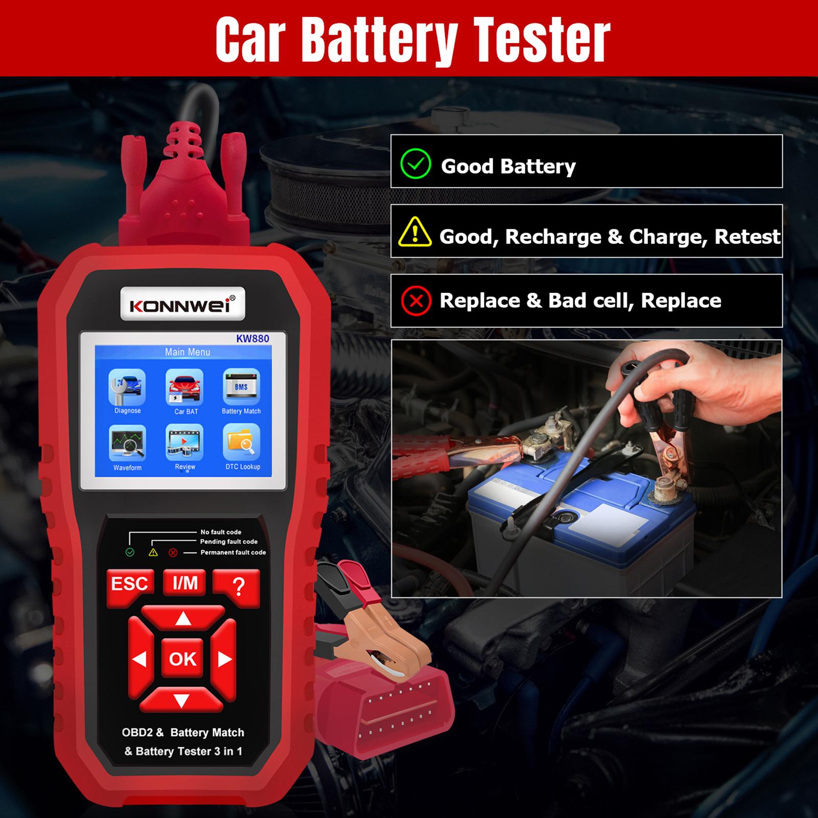 KONNWEI KW880 Universal Battery Tester& Car Battery Match Car OBDII Diagnostic Fault Scanner for 6V-12V Car Motorcycle Battery Test