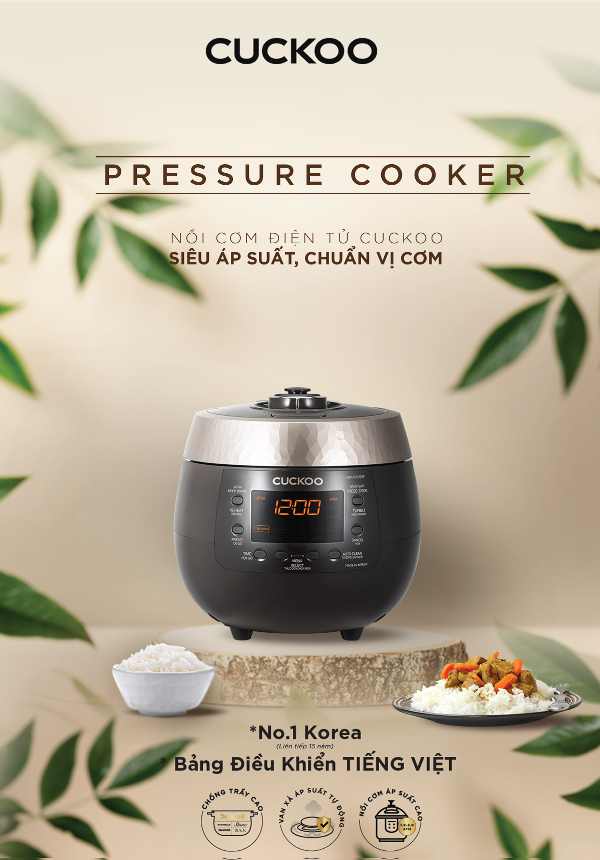 Nồi cơm điện tử áp suất Cuckoo 1.8 lít CRP-R1000F màu đen - lòng nồi chống dính cao cấp phủ Xwall Diamond -Sản xuất tại Hàn Quốc - bản Quốc Tế tiếng Anh - Hàng chính hãng Cuckoo Việt Nam