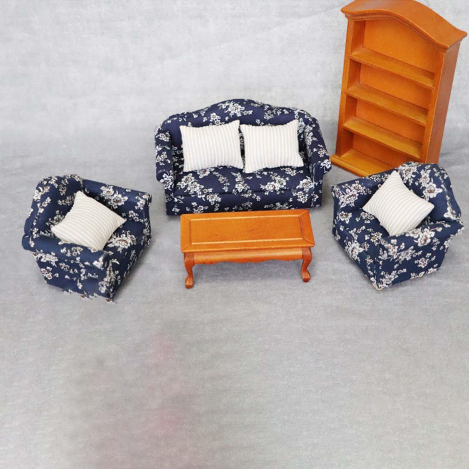 Dollhouse Wooden Sofa and Cushion with Carpet for 1/12 Dollhouse Accessory