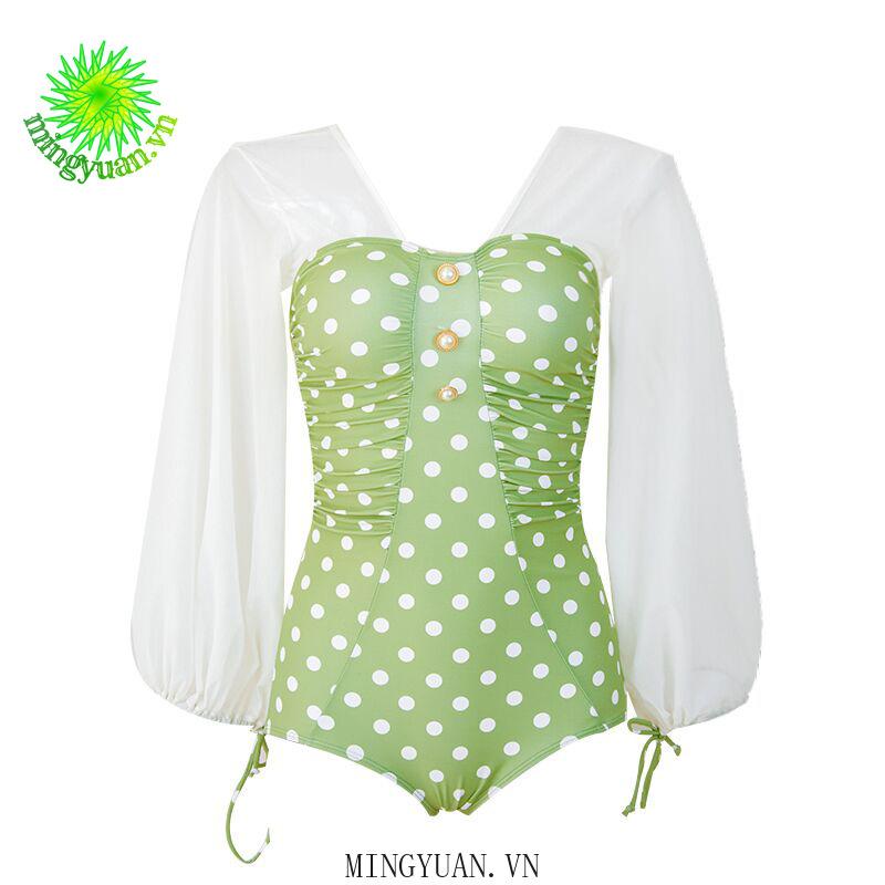 Đồ Bơi Liền Thân Dài Tay Chấm Bi Cho Nữ