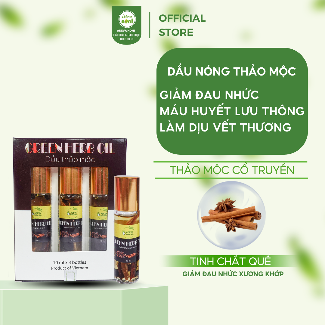 Dầu thảo dược Adeva Naturals - Green herb oil (set 3 chai 10 ml) - Sản phẩm của Việt Nam - Dầu thảo mộc giúp thư giãn, giảm đau nhức, làm dịu vết côn trùng cắn, hít ngửi làm thông mũi, họng.