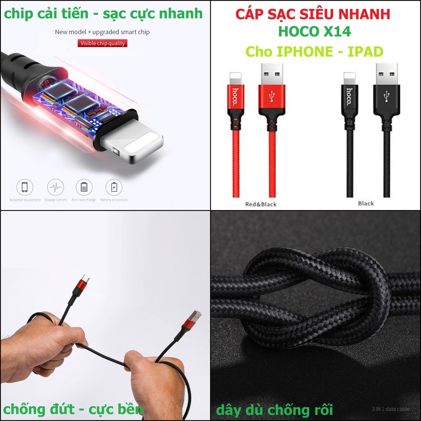 Cáp Sạc Điện Thoại cho Android và Iphone, ipad (combo 2 cái) HOCO loại tốt - 1 Type C, 1 Light.ning – Dây Sạc Nhanh bọc dù chống xoắn, đứt (hàng chính hãng)