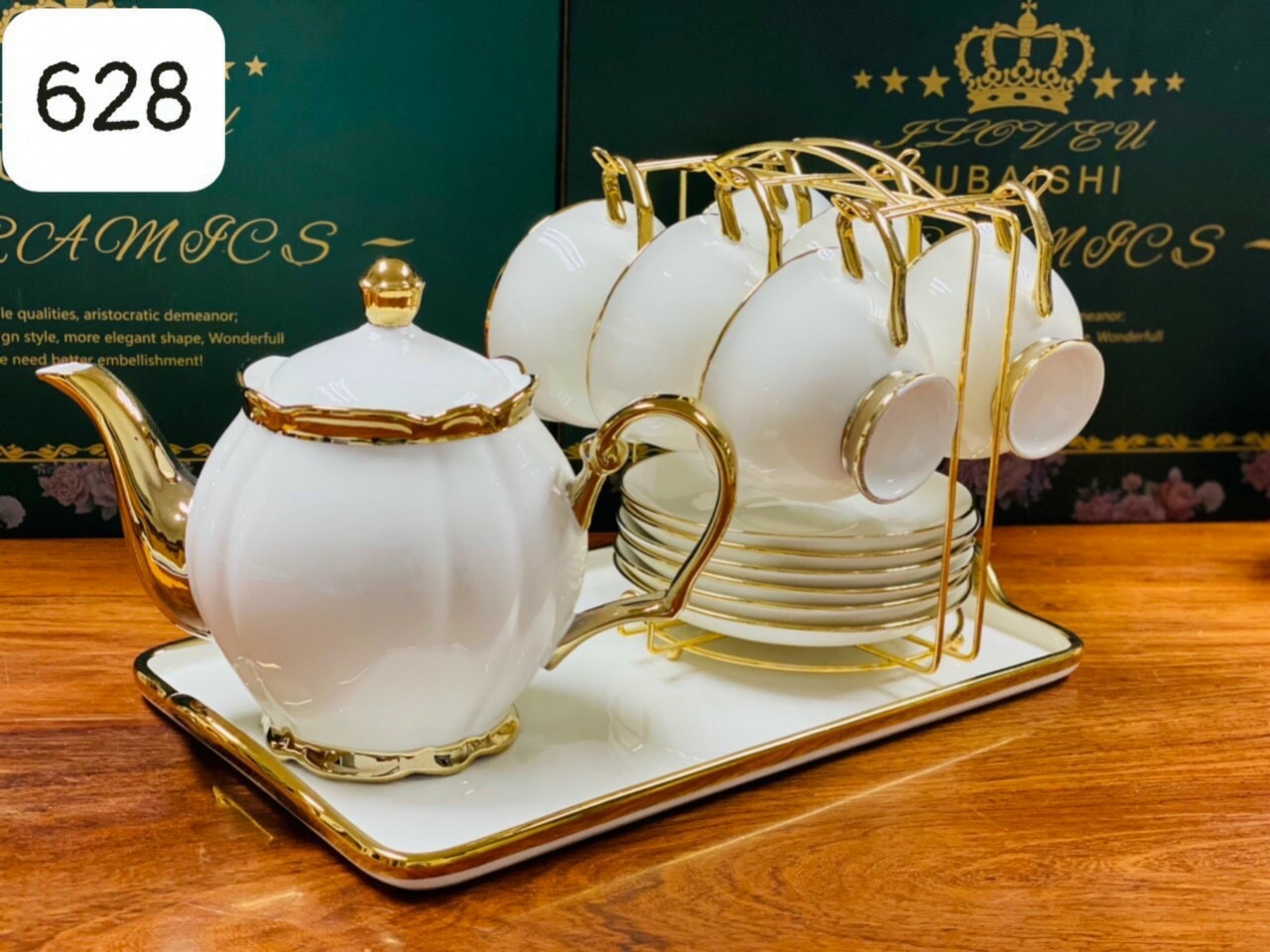 Bộ tách trà sứ xương trắng mạ vàng phong cách hoàng hia