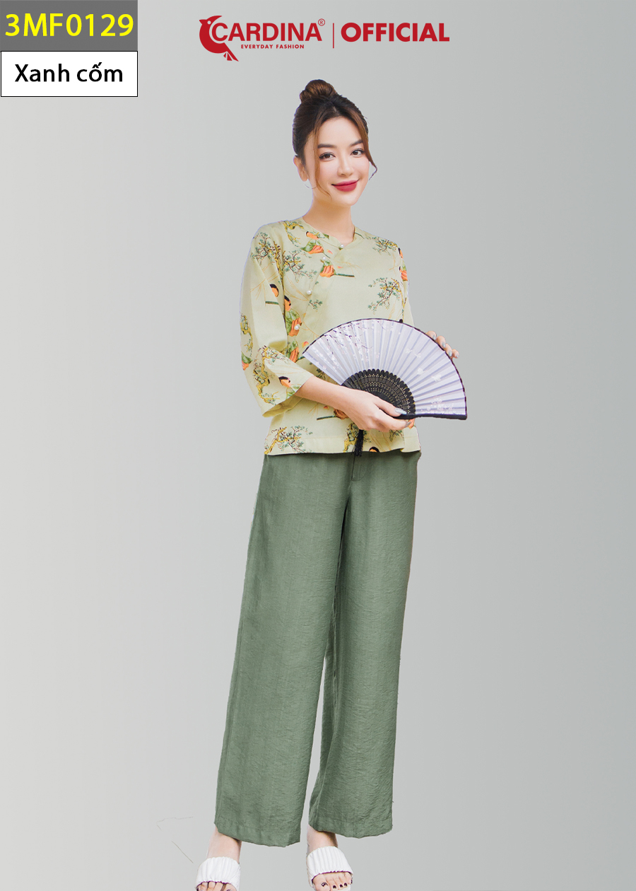 Đồ Bộ Nữ CARDINA Cao Cấp Bộ Đi Chùa Áo Lụa Mango Họa Tiết Cổ Tàu Tay Lỡ Quần Dài Chất Đũi Bamboo 3MF01