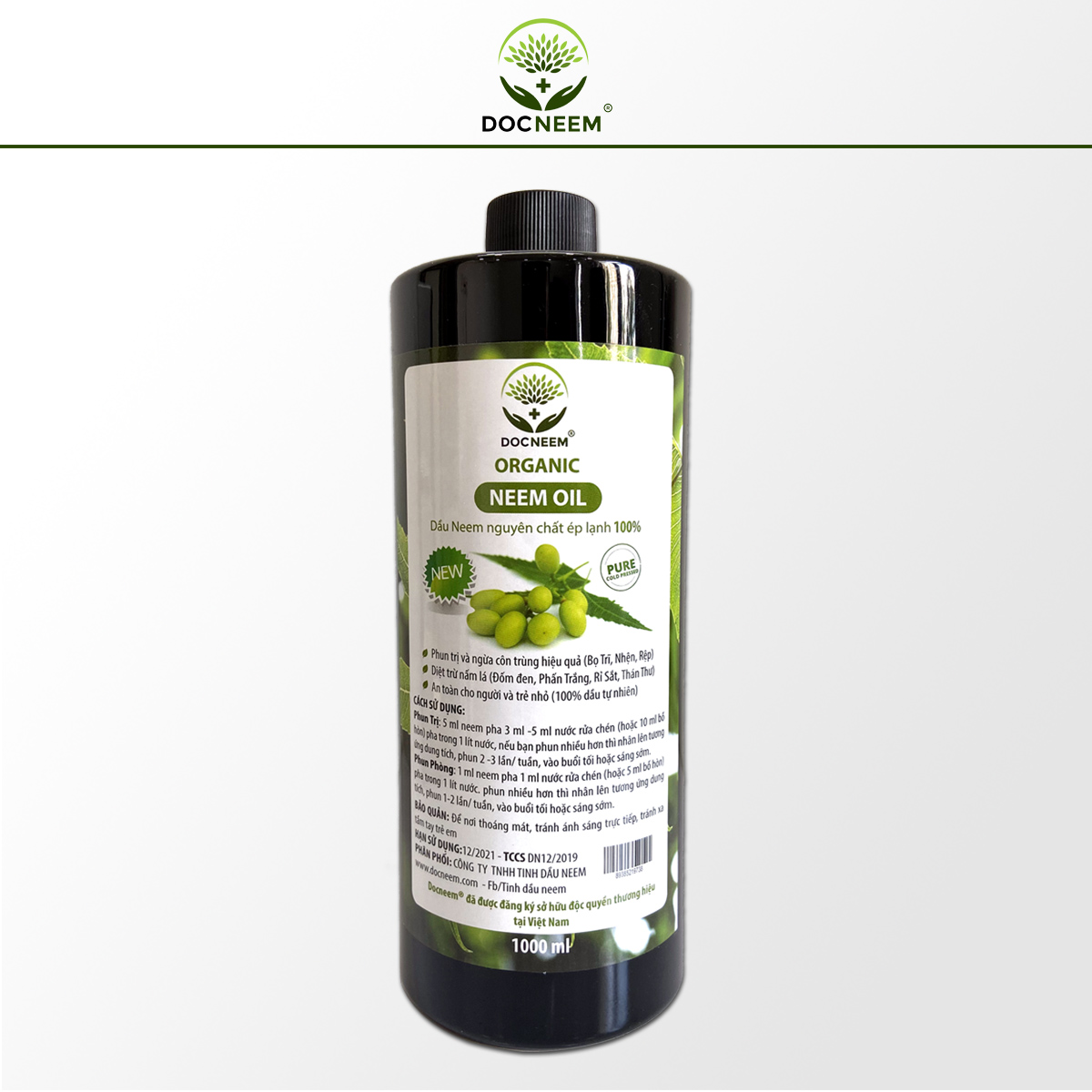 Neem oil nguyên chất DOCNEEM hữu cơ an toàn, phòng trị sâu bệnh hoa hồng, phong lan, cây cảnh, ép lạnh 1 Lít