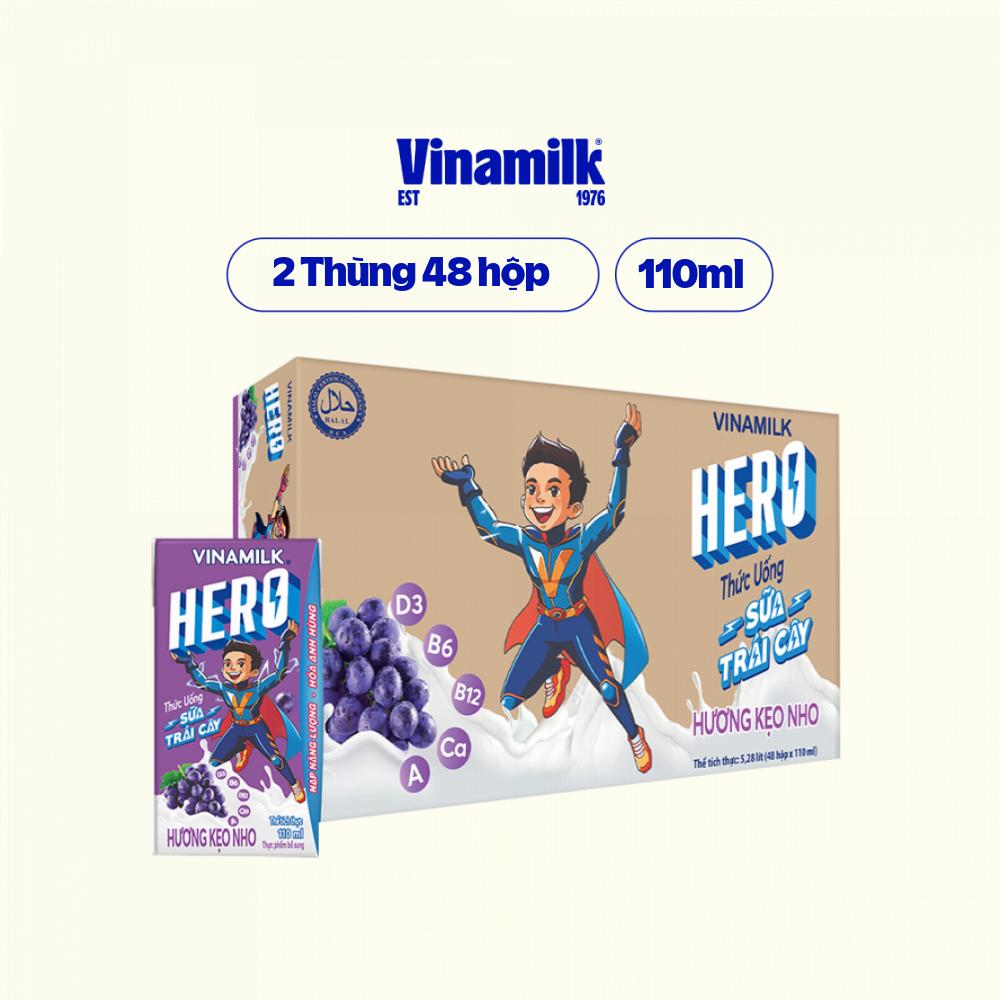 2 Thùng Thức uống Sữa trái cây Hero Vị Keo Nho 110ml - 48 hộp/Thùng