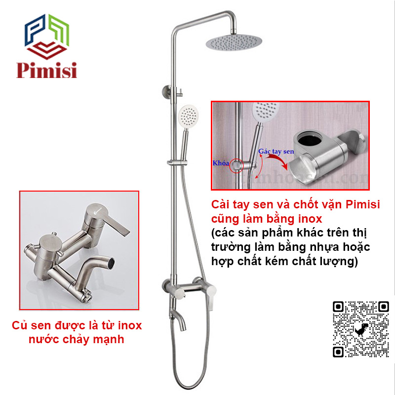 Bộ vòi hoa sen cây tắm đứng nóng lạnh inox 304 kiểu tròn Pimisi đầy đủ phụ kiện với bát sen to - bát nhỏ cầm tay tăng áp dùng được cho cả nhà tắm nhỏ và thấp | Hàng chính hãng