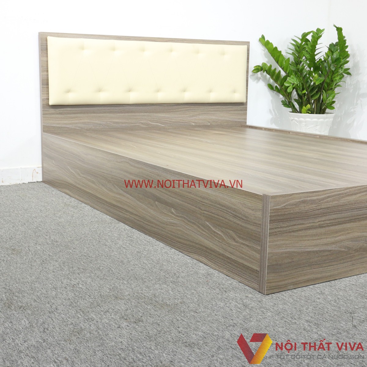 Giường Ngủ Gỗ MDF Melamine Màu Xám Vân Gỗ Có Đầu Nệm Kem Đẹp Giá Rẻ