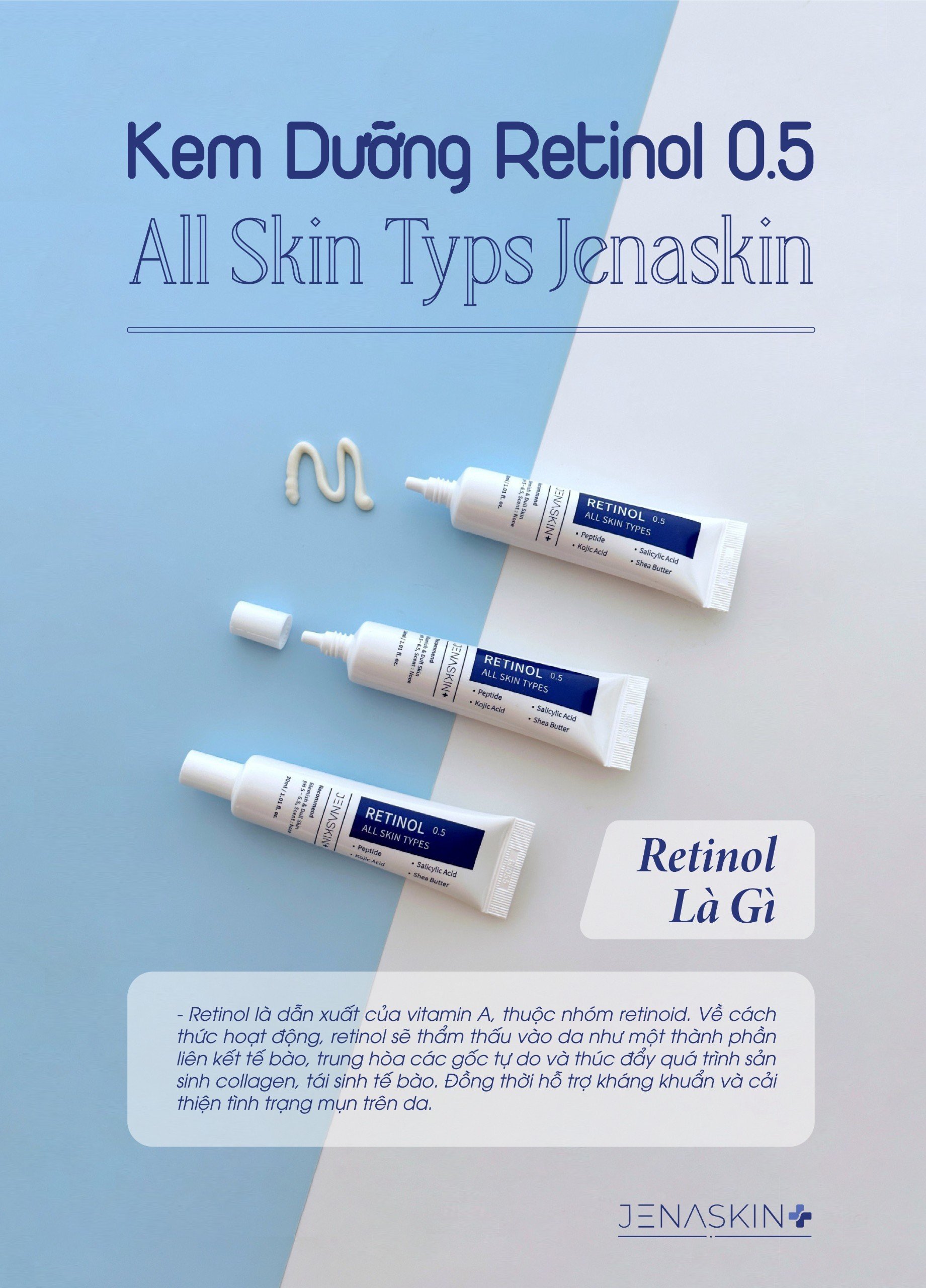 Kem retinol Jenaskin, kem dưỡng căng bóng, trẻ hóa, trắng da mờ thâm nám retinol 0.5% All Skin Types 30ml