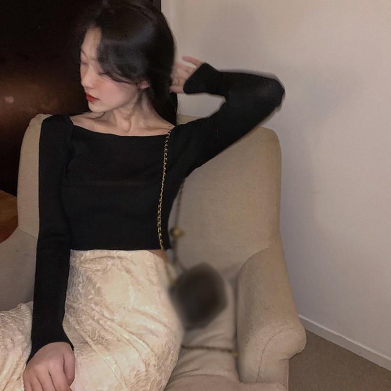 Áo Dệt Kim Tay Dài Cổ Kiểu Vuông Màu Trơn Thanh Lịch