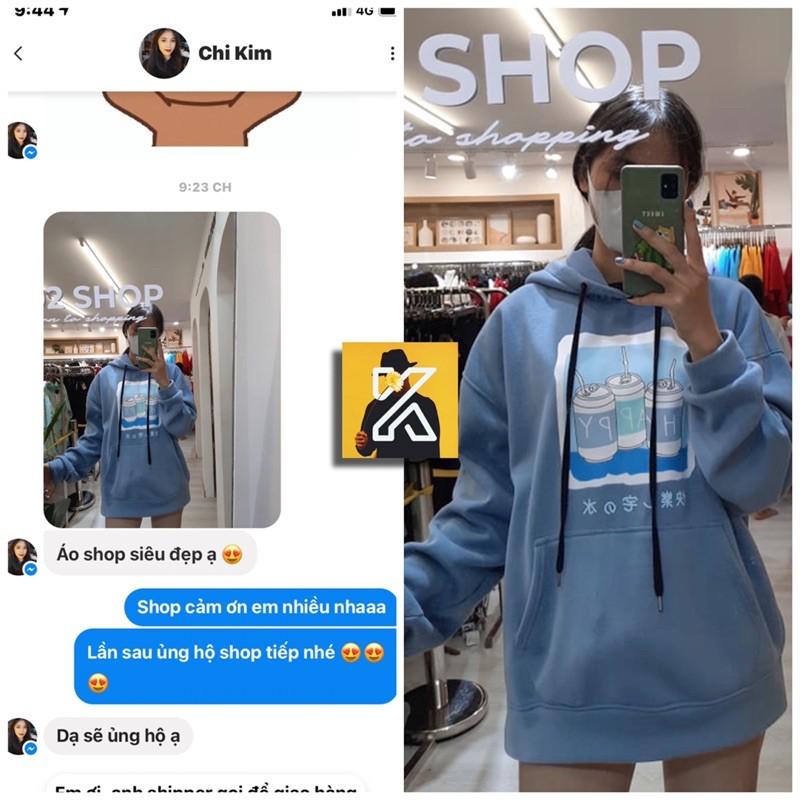 ÁO HOODIE THUN NỈ TAY PHỒNG IN HÌNH LON NƯỚC HAPPY MÀU XANH, PHONG CÁCH HÀN QUỐC ĐÁNG YÊU