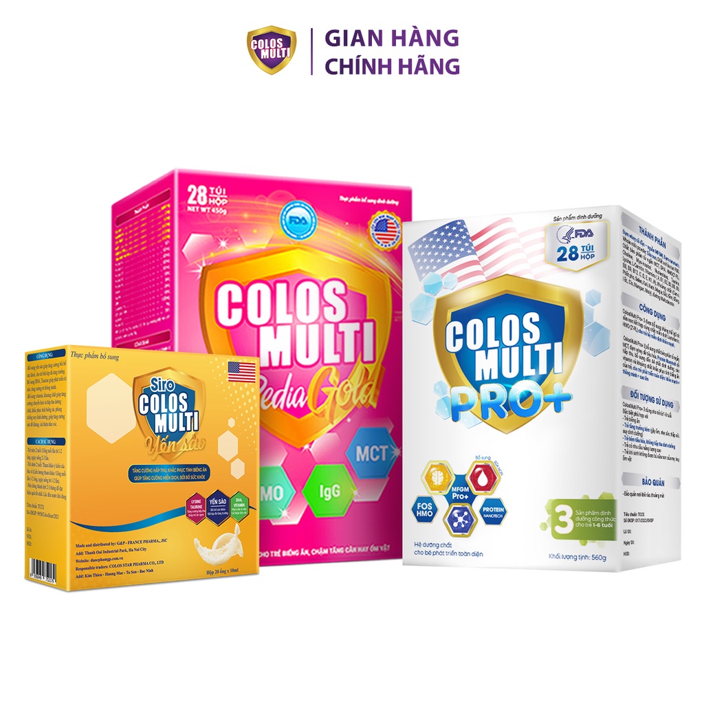 [Combo tiết kiệm] 1 hộp sữa non Colosmulti Pedia Gold + 1 hộp sữa bột Pro+ 3 + 1 hộp Siro yến sào