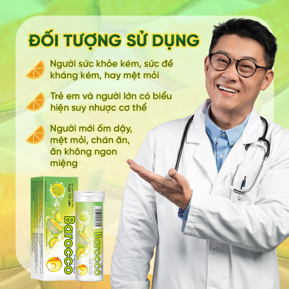 Viên Sủi Bổ Sung Vitamin C Hương Dưa Lưới Tăng Cường Sức Đề Kháng Barocco Dan Khang Hộp 10 Viên