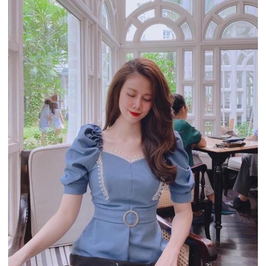 Sơ mi kiểu cổ vuông tay bồng màu xanh