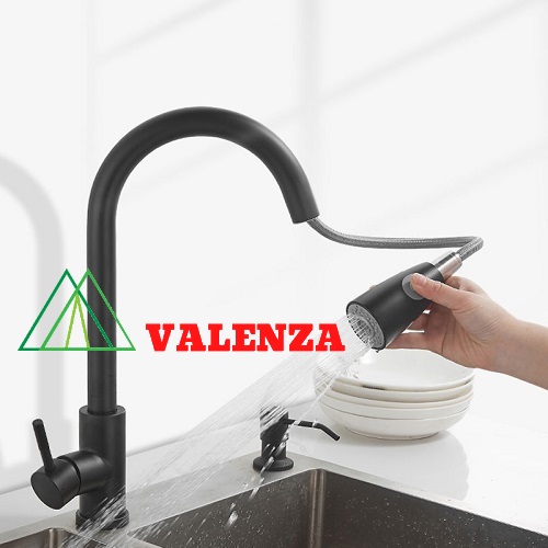 Vòi nước rửa chén nano nóng lạnh dây rút Valenza inox 304 kháng khuẩn cao cấp vòi rửa chén nano kháng khuẩn Valenza sus 304 cao cấp