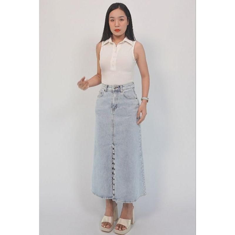 Chân váy jean dài V3, váy bò rộng bụng phong cách, váy jean dáng dài cạp cao thanh lịch thương hiệu Samma Jeans