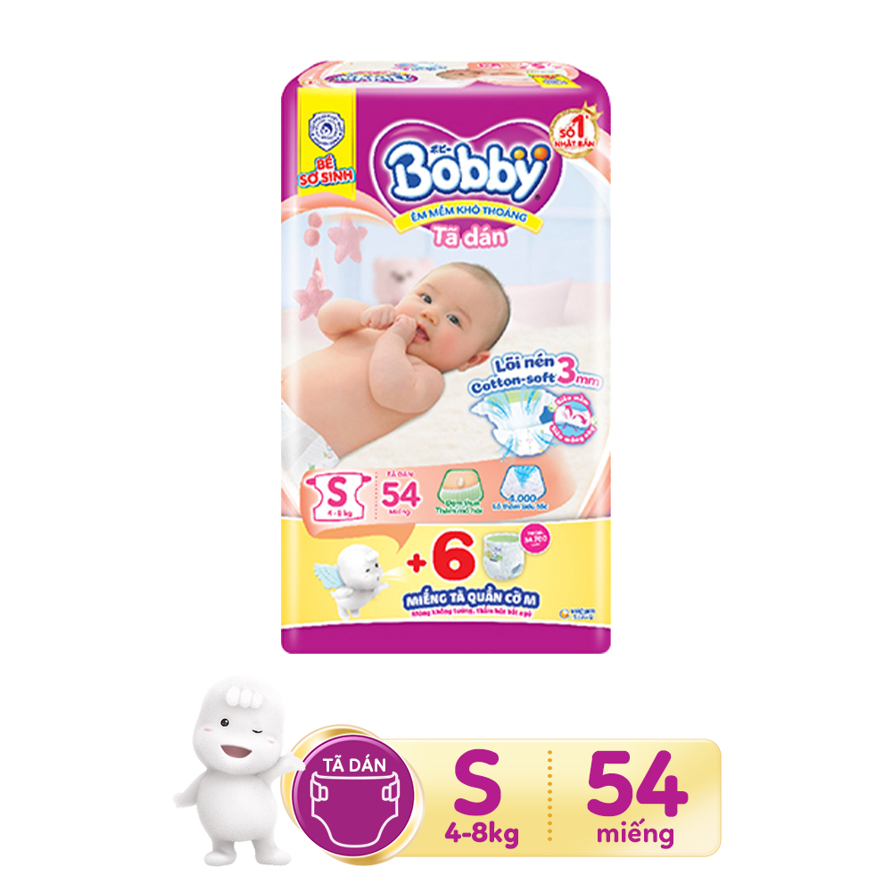 [Tặng kèm 6 miếng tã quần trong mỗi gói] Combo 2 Tã dán Bobby Siêu Thấm S54 dành cho bé 4-8kg