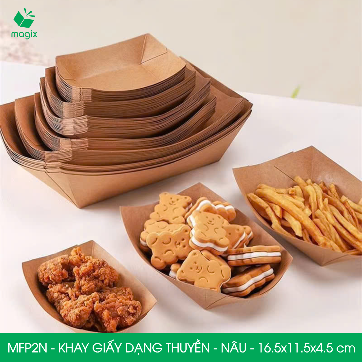 MFP2N - 16.5x11.5x4.5 cm - 25 khay giấy dáng thuyền đựng thức ăn, khay giấy đựng món tráng miệng