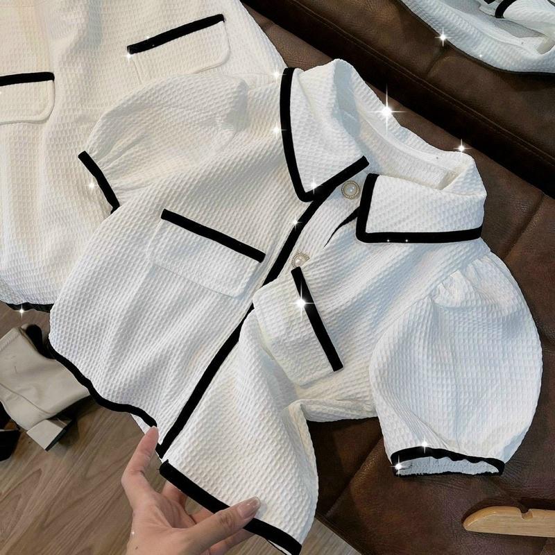 SET ÁO DẠ XỐP CỔ SEN VIỀN ĐEN + CHÂN VÁY TRẮNG