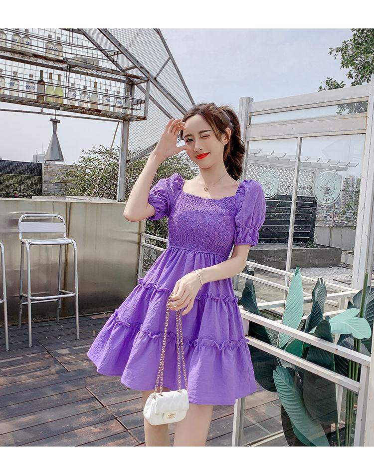 DIYIWEI Phụ nữ mùa hè 2023 Square Neck Pleated Bubble Sleeve Thu hẹp eo Khoai tây tím Vintage Pháp Orange Terrier Dress