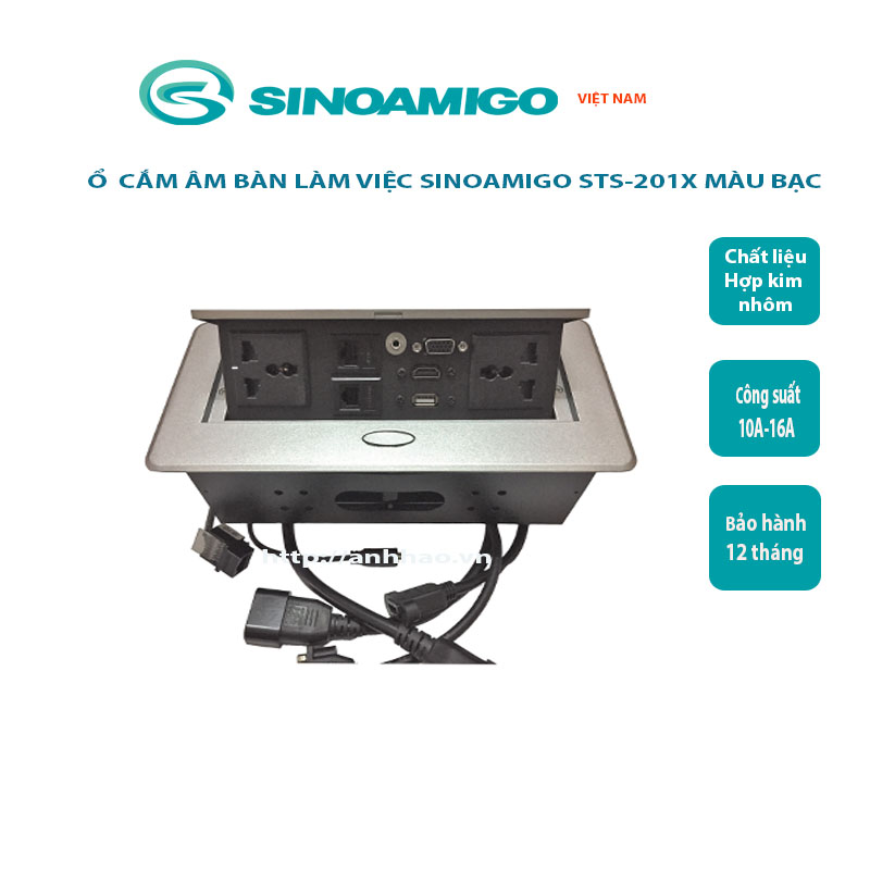 Ổ điện âm bàn văn phòng Sinoamigo STS-201X/B, tích hợp đầy đủ ổ cắm điện, hdmi, vga, usb, Lan - Hàng chính hãng